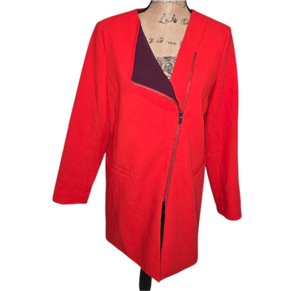 Halogen Womens Red Asymmetric Zip‎ Front Collarless Coat Jacket Size M Blazer